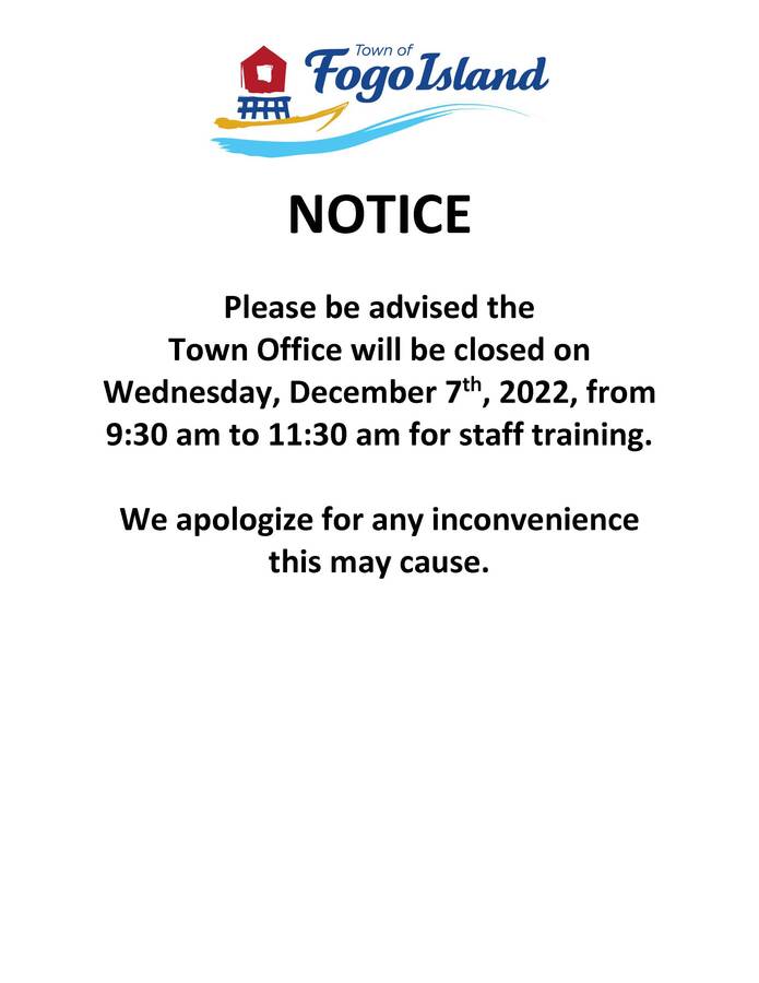 Notice: Town Office Closed 9:30 am to 11:30 am