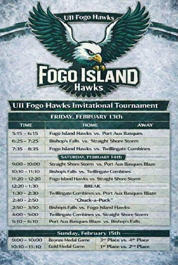 Town of Fogo Island would like to welcome the U11 teams to our Island for a fun filled weekend of hockey. Please come out to show your support and cheer on The Fogo Island Hawks and our visitors. Good luck and have fun!