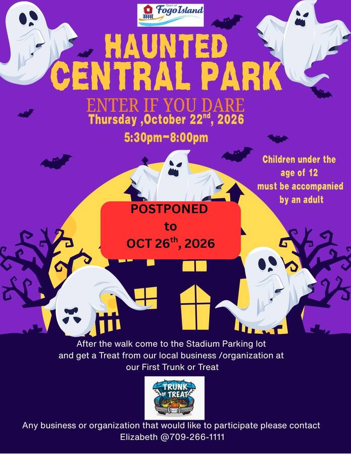 Due to several sports teams and their families being off the Island we will be postponing the Haunted Park until Monday Oct 26th. We hope to see you all there.